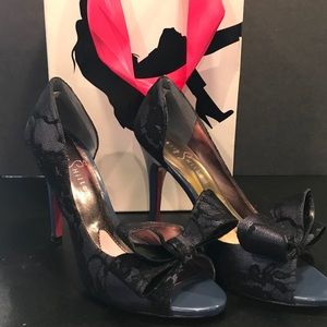 Navy Lace Bow Peep Toe Paris Hilton Heels
